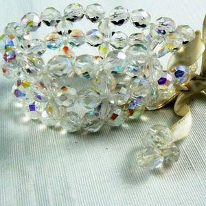 Aurora Borealis Crystal beads Bracelet ribbon tie